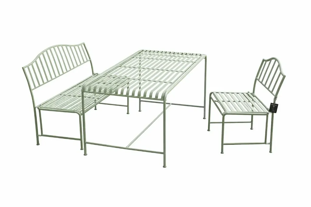 Metallinen puutarhakalustesetti (pöytä + penkki + tuoli)